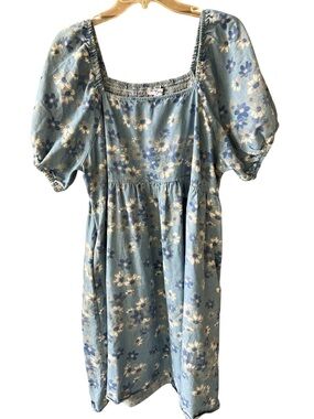 Polagram 3XL Blue Floral Square-Neck Puff-Sleeve Midi Dress